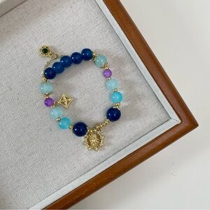 4/$15 Handmade Blue Crystal Stone Beads Gold Spacing Beads Stretchy Bracelet